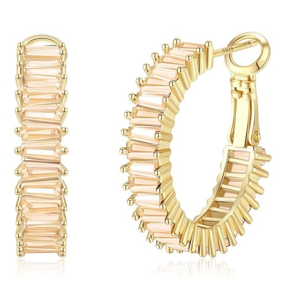 14K Yellow Gold with Champagne Topaz Cubic Zirconia Drop Hoop Leverback Earrings - Picture 1 of 7